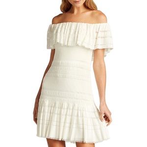 Tadashi Shoji Off the Shoulder Ivory Tonal Stripe Mini Dress NWT XS